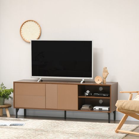 Mobile Porta TV fino 65" con 2 Armadietti e Vani Aperti, Mobiletto Basso con Fori Passacavi in Legno, 150x40x56cm, Marrone