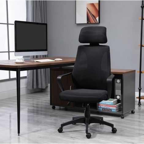 Chaise de bureau ergonomique 64x55x116-126 cm en tissu noir, réglable pour bureau FloraGrace (1/5)