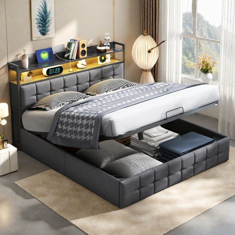 Lit coffre 160 x 200 cm, lit 160x200 avec sommier, lit adulte avec port USB et LED, cadre de lit, avec tete de lit, Gris, lin (1/5)
