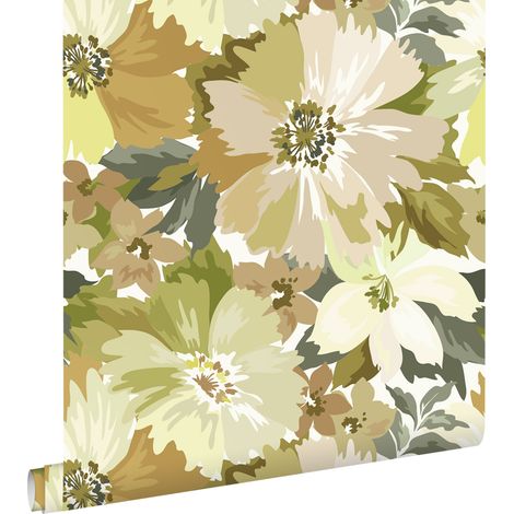papier peint fleurs vert olive grisé - ESTAhome (1/5)