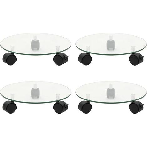 Ensemble de quatre supports à fleurs avec roulettes, 28 cm, en verre trempé rond. (1/5)