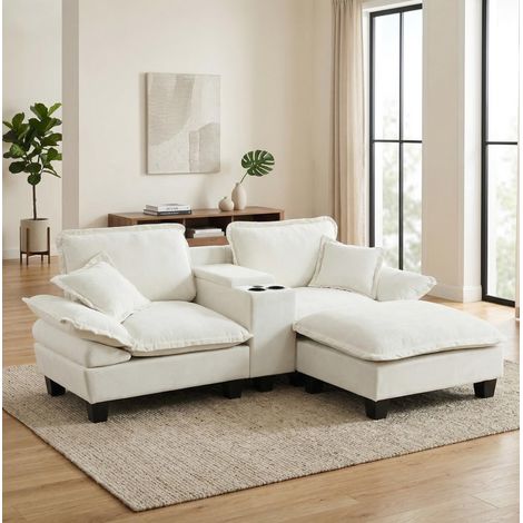 Sofá chaise longue modular de chenilla beige con almacenaje, USB y 1 otomana DESVIAE (1/5)