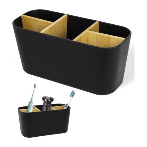Portacepillos con divisores de bambú, 5 compartimentos, organizador de baño para cepillos de dientes eléctricos, soporte para cepillos de dientes (negro) (1/5)