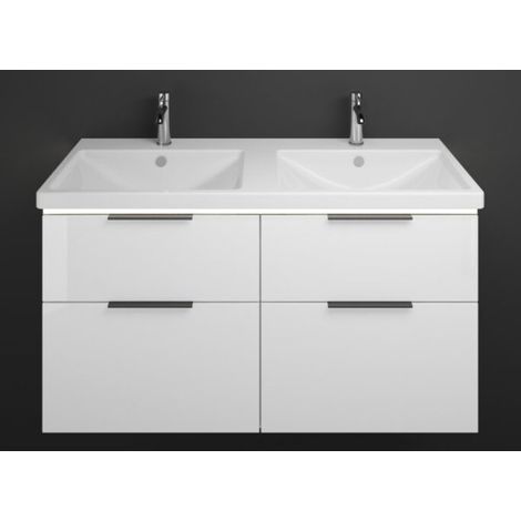 Burgbad Eqio Keramik-Doppelwaschtisch mit Unterschrank 123 cm, mit Mittelsteg, LED-Beleuchtung und 4 Weiß Hochglanz/Alpinweiss Schwarz matt (1/2)
