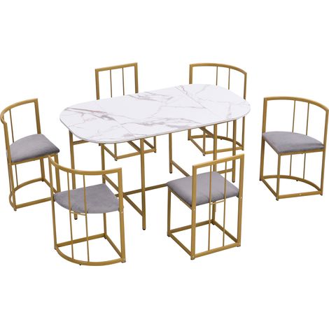 Set tavolo da pranzo bianco con 6 sedie, piano in MDF e struttura in ferro dorato (1/5)