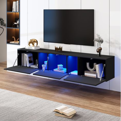 Mobile TV sospeso 180x35x30 cm nero in truciolato con 3 ante e LED (1/5)