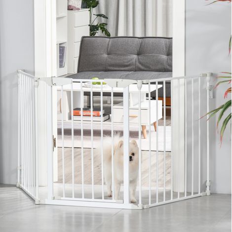 Barrière de sécurité pour chien pliable à 3 panneaux avec porte auto-fermante, en métal blanc, 180 x 3 x 74,5 cm, pour escaliers et intérieur  CHICFURN (1/5)