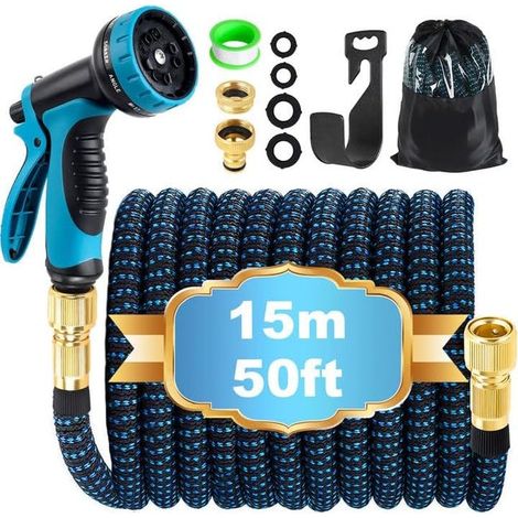 Tuyau d'arrosage extensible de 15 m (50 pi), tuyau d'arrosage extensible avec pistolet pulvérisateur 10 fonctions (SKU produit : 96504928 SKU Offre : mkh25.6.26-4) (1/5)