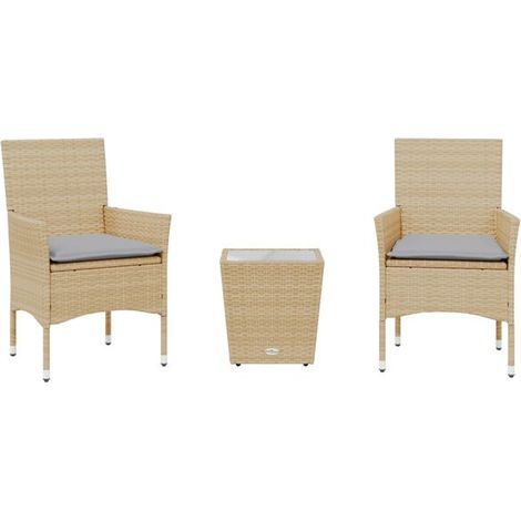 Petit ensemble table et chaises de salle à manger, avec 3 coussins en rotin beige et verre. (1/5)