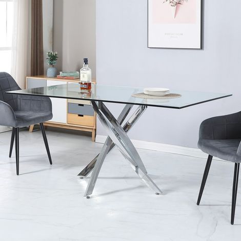 Tavolo da Pranzo Peyton 160×90 cm in Vetro Temperato con Gambe Incrociate Cromate (1/5)