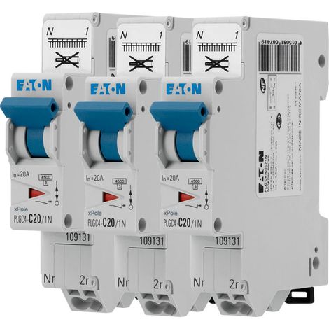 EATON Lot de 3 disjoncteurs auto 20A Ph+N, 45kA, 230V, courbe C, borne à ressort, conforme EN 60898, protection fiable et efficace pour installations électriques.