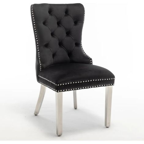 Lot de 2 chaises POIGNEE Clouté en velours pied chromé - Noir (1/4)
