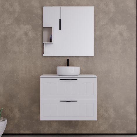 Meuble de salle de bain 60cm avec plateau et vasque à poser ronde - 2 tiroirs - blanc - PIA (1/5)