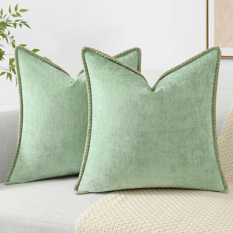 Weiche, dekorative Chenille-Kissenbezüge, 30 x 50 cm, 2er-Set, Landhausstil, Samt, salbeigrün, mit gestepptem Rand (1/5)