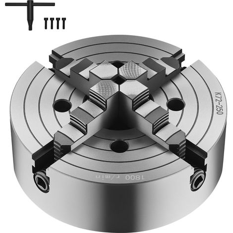 Mandrin de tour 4 mors, 250 mm (10 po), plage de serrage 15-250 mm, mors réversibles avec clé T, fonte HT300, pour tour à bois et métal. (1/5)