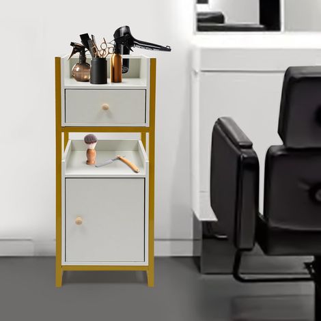 Multifunctional Beauty Salon Storage Rack, Large Capacity Storage Countertop Cosmetic Organizer, Tool Cabinet, 22 lb. Load Capacity, Barber Station with Drawers and Hair Dryer Racks (White, Gold) (1/5)