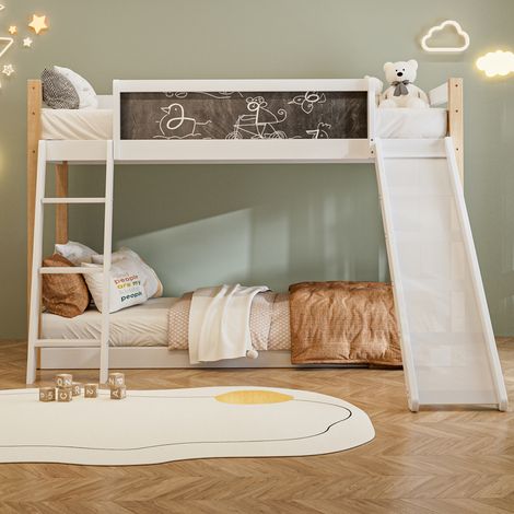 DESVIAE Lit superposé enfant avec toboggan escalier et tableau blanc bois blanc 90 x 200 cm 90 x 190 cm (1/5)