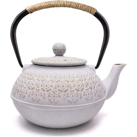 Théière en Fonte avec Infuser, 800ml Théière Induction pour Thé Noir, Bouilloire à Thé pour Les Amateurs de Thé, Blanc Sakura (1/5)