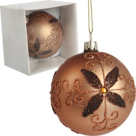 Elegante pallina di vetro con decorazioni glitterate, colore marrone, 8 cm