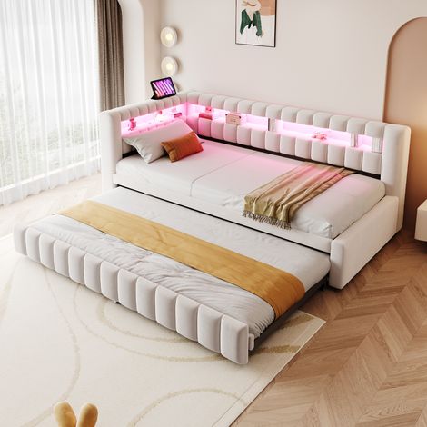 Cama Nido 90×200 cm, Cama Individual con Cama Extraíble, USB, Tipo-C, LED Regulable y Compartimentos, sin Colchón, Beige (1/5)