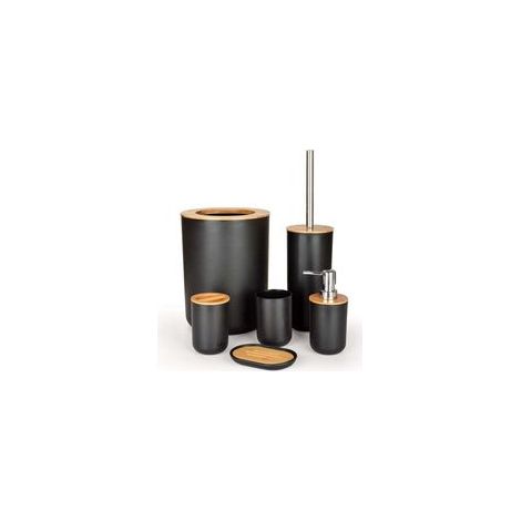 Ensemble 6 Pièces Accessoires Salle de Bain Bambou Inclus Bouteilles Lotion Porte-Brosse à Dents Tasse Dent Porte-Savon Brosse Toilette Poubelle- (1/4)