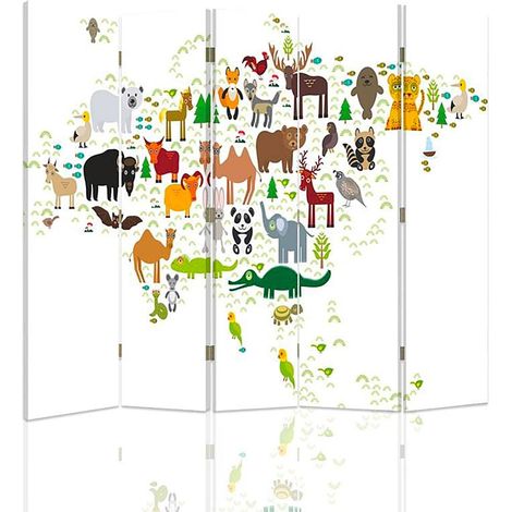 Paravent éducatif carte du monde animalier pour enfants - 180 x 180 cm - 2 faces R° V° + rotation 360°