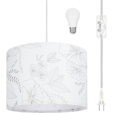 Suspension textile florale avec ampoule LED 3 températures, câble transparent 4,5m, abat-jour en lin imprimé pour salon cuisine (1/2)