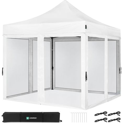 VONROC Tente de réception - 3x3 m - Premium Easy-Up Tente de réception  Set incl. parois latérales en moustiquaire – Blanche