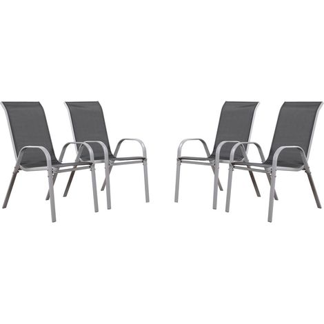 Habitat Et Jardin – Fauteuil de jardin empilable Textilène gris foncé – Structure acier – Lot de 4 – Hauteur d'assise 40 cm – Résistant aux UV et à l'eau