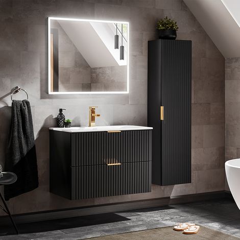 Petits-Meubles – Ensemble de meubles de salle de bain avec vasque encastrée 80cm – Colonne suspendue – Panneaux mélaminé et MDF – Noir mat