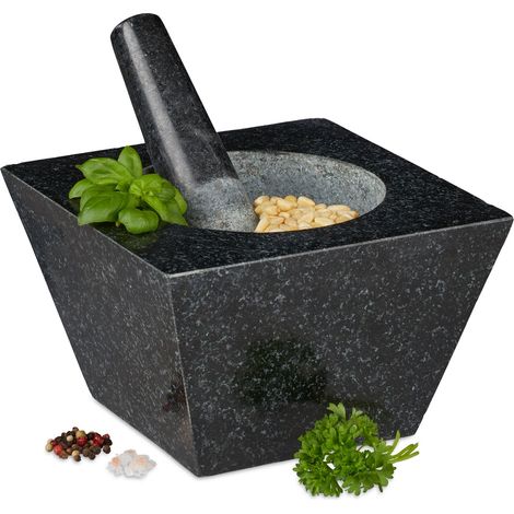Relaxdays Mortaio con Pestello, XXL, in Granito, per Erbe e Spezie, 750 ml, 6,75 kg, Pietra Lucida, 12x19,5x19,5cm, Nero