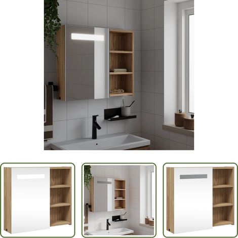 vidaXL Armoire toilette - Armoire de salle de bain à miroir avec LED chêne 60x13x52 cm (1/5)