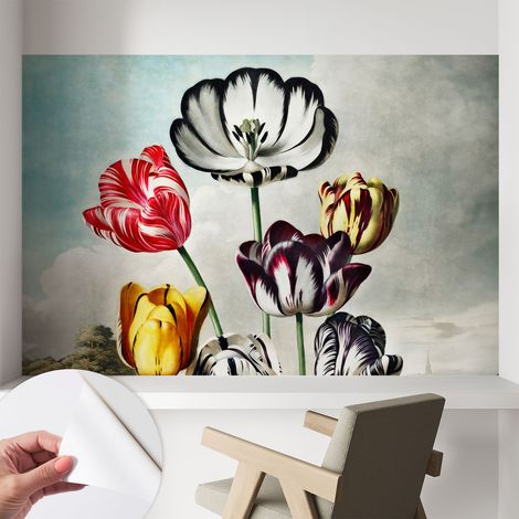 Tapete adhésive moderne pour salon et chambre à coucher Décoration rapide avec colle Tulipes colorées 104x70 cm (1/5)