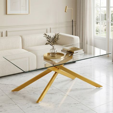 Table basse rectangulaire 120x60x46 cm, plateau verre trempé, structure métal doré, design moderne luxueux pour salon (1/5)