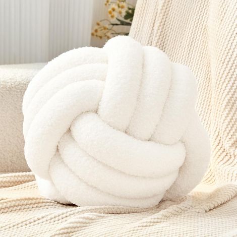 1 Coussin rond, forme boule nouée, velours agneau beige blanc, décoratif pour canapé chambre enfant