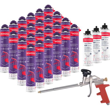 PENOSIL Pack de 24 Mousses PU Pulvérisables EasySpray Foam 111 700ml + 3 Nettoyants FoamCleaner 929 500ml Penosil + Pistolet