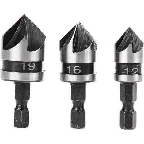 3pcs 90 Degrés 5 Flûte Fraises à Chanfreiner Set Pour Bois, Métal Changement Rapide 1/4" Hex Foret à Chanfreiner en Acier au Carbone Outil de Coupe de Chanfreinage de Bois 12/16/19mm (1/4)