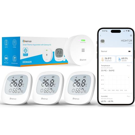 Kit Thermomètre Hygromètre Intérieur Connecté HS3HT-2R 1 Passerelle WiFi + 3 Capteurs Température (1/5)