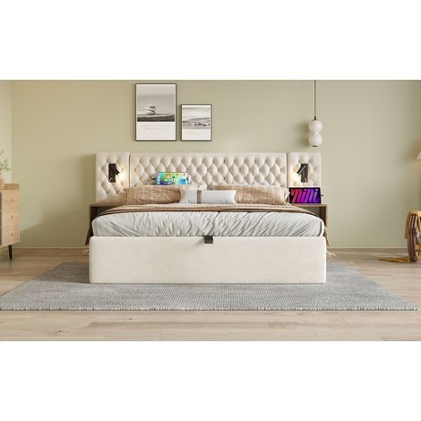 Lit coffre 160x200 cm en velours beige avec chevets, éclairage et ports USB/Type-C, sommier + matelas inclus (1/5)