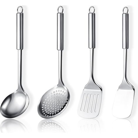 Ensemble d’ustensiles de cuisine en acier inoxydable 4 pièces comprend un ensemble de spatules en métal, une écumoire de cuisine, une louche à soupe, des gadgets de cuisine (1/5)