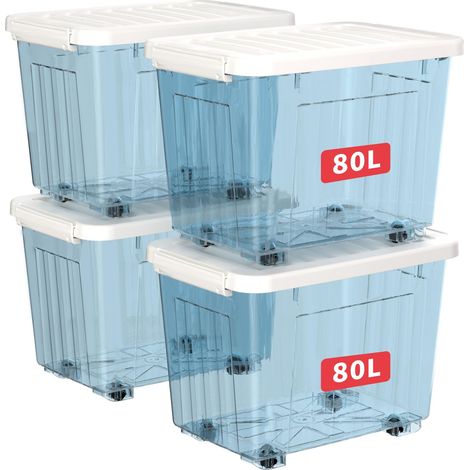 80L4 Boîtes de Rangement avec Couvercles, Boîte de Rangement en Plastique avec Clips et Roulettes, Empilables, Encastrables, pour Placard de Bureau à Domicile, Bleu Transparent, 80L, Lot de 4 (1/5)