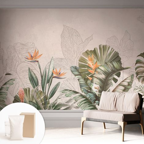 Tapete Vliestapete mit Kleber modern - Wanddeko für Küche - Klebefolie Wand - luxus Look Tropische Blumen 312x219 cm (1/5)