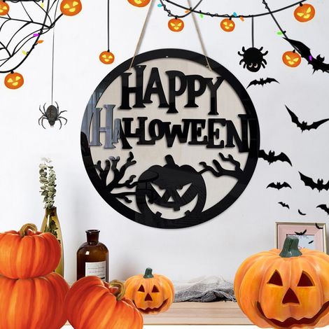 Décoration de porte d'Halloween en bois avec motif citrouille, idéale pour une fête d'Halloween à la maison ou en extérieur. Panneau suspendu en bois à suspendre à la porte d'entrée. Décoration murale (1/5)