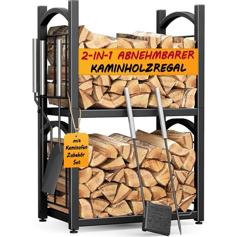 Range Buche Interieur Exterieur 2-en-1 Porte Buche, Abri Buches Pour Rangement Bois, Range-Bûches 78 x 46 x 32 cm Avec Accessoires Pour Poêle: Pelle, Balai, Pince et Tisonnier (1/5)