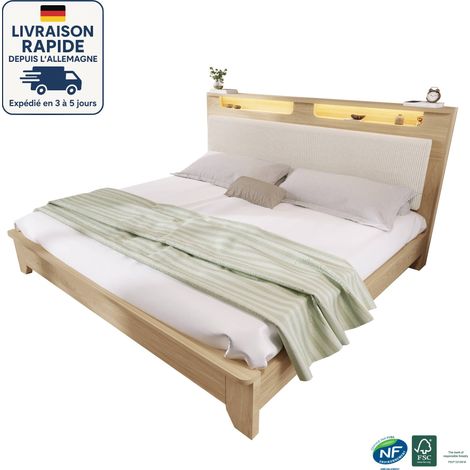 Cama doble tapizada 160×200cm - Cabecero con almacenaje y LED - Respaldo tapizado en pana beige - Somier de láminas de madera - Madera con certificación PEFC - Roble claro (1/5)
