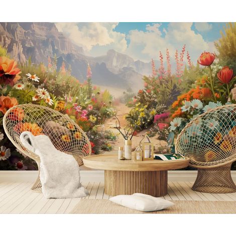 Papier peint Nature – Chemin de montagne et fleurs colorées - 150 x 250 cm (1/2)