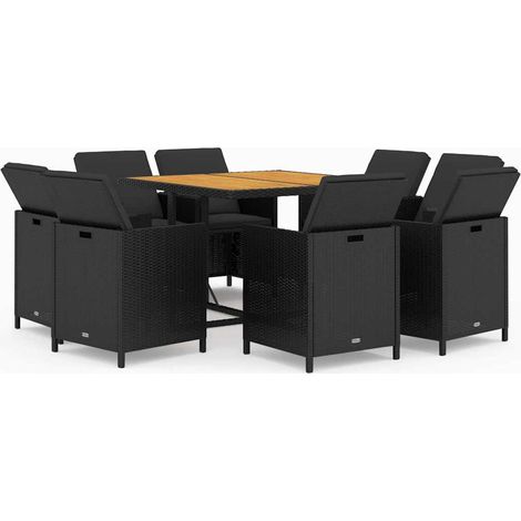 9 Piece Garden Dining Set with Cushions Poly Rattan Black vidaXL