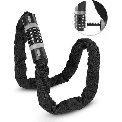 Candado de cadena de 90 cm con código de combinación, Acero extra resistente de 6 mm, Soporte antirrobo bicicleta, Negro resistente intemperie (1/5)