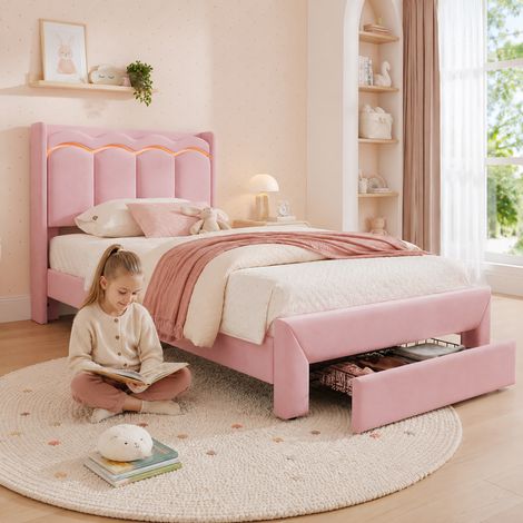 Gain de place et confort : Lit enfant rembourré 90x200 rose avec tiroir et LED connectée pour matelas jusqu'à 20 cm (1/5)