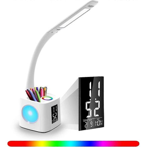 Lampe de bureau LED à intensité variable, lampe de chevet enfant avec veilleuse colorée, port de chargement USB, 3 niveaux de luminosité, porte-stylo, écran LCD, horloge, réveil. (1/5)